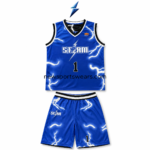 NSW New Sports Wear men’s basketball uniform set with a royal-blue jersey, matching shorts, white lightning graphics and black trim