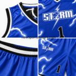 NSW New Sports Wear men’s basketball uniform set close-up showing black-and-white V-neck trim and reinforced stitching