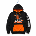 NSW New Sports Wear Men’s Graphic Pullover Hoodie in black and orange, front view