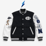 NSW Men’s Varsity Jacket by New Sports Wear in black and white with embroidered patches and striped rib-knit trim