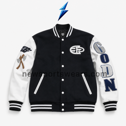 NSW Men’s Varsity Jacket by New Sports Wear in black and white with embroidered patches and striped rib-knit trim