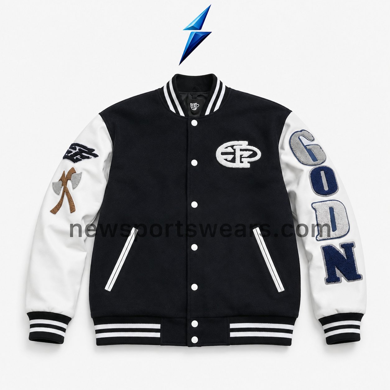 nsw-new-sports-wear-mens-varsity-jacket-front-view NSW Men’s Varsity Jacket by New Sports Wear in black and white with embroidered patches and striped rib-knit trim
