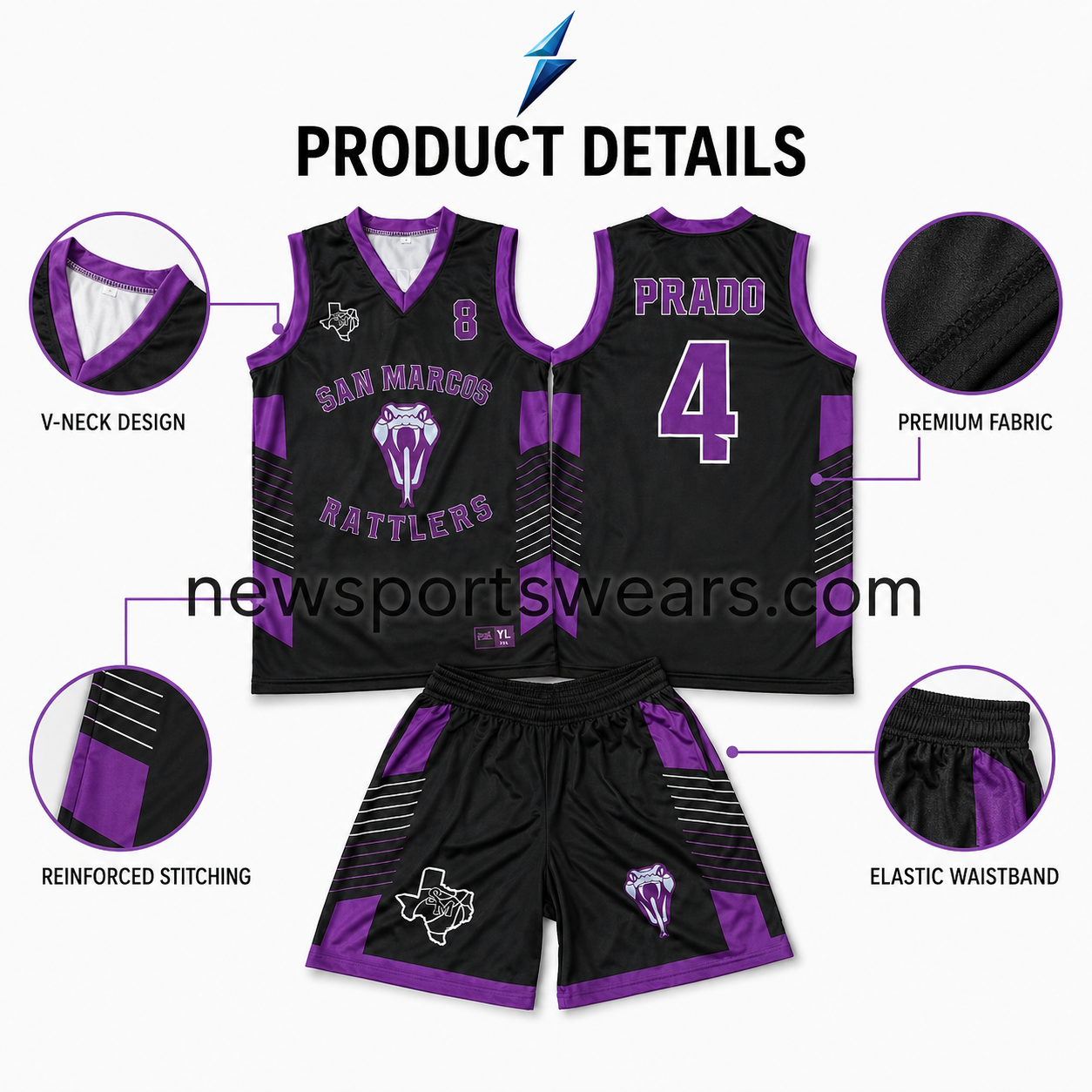 nsw-new-sports-wear-number-4-basketball-jersey-back NSW New Sports Wear basketball jersey back with PRADO name, purple number 4 and coordinated stitched side panels