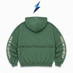 NSW NEW SPORTS WEAR oversized zip-up hoodie back view with a plain green body and cream printed sleeves