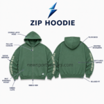 NSW NEW SPORTS WEAR oversized zip-up hoodie close-up showing green fleece, cream graphics, seams, and zipper hardware