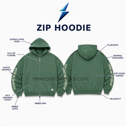 NSW NEW SPORTS WEAR oversized zip-up hoodie close-up showing green fleece, cream graphics, seams, and zipper hardware