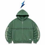 NSW NEW SPORTS WEAR oversized zip-up hoodie in forest green with cream sleeve graphics and silver front zipper