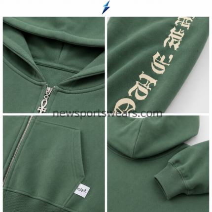 NSW NEW SPORTS WEAR oversized zip-up hoodie with split kangaroo pocket, woven label, and ribbed green hem