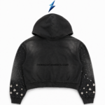 NSW New Sports Wear streetwear manufacturer hoodie in washed gray with off-white appliqué, metal zipper and crystal pocket details.