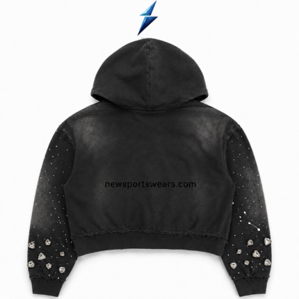 NSW New Sports Wear streetwear manufacturer hoodie in washed gray with off-white appliqué, metal zipper and crystal pocket details.