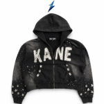 NSW New Sports Wear streetwear manufacturer hoodie back view with gray acid-wash panels, center hood stitching and jeweled cuffs.