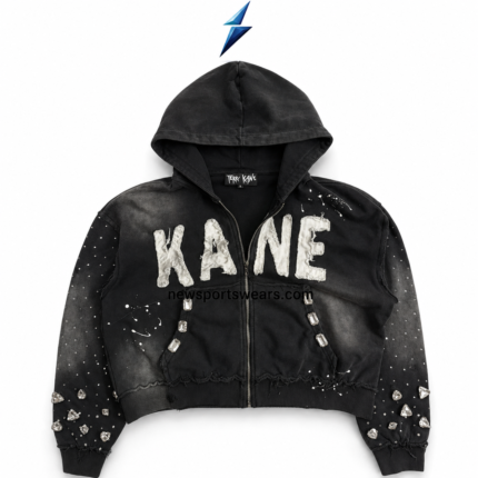 NSW New Sports Wear streetwear manufacturer hoodie back view with gray acid-wash panels, center hood stitching and jeweled cuffs.