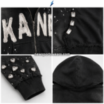 NSW New Sports Wear streetwear manufacturer specification image showing an acid-wash hoodie with appliqué, zipper and crystal details.