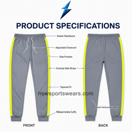 NSW New Sports Wear Men’s track pants specification image with front and back views