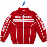 nsw windbreaker set jacket by new sports wear in red and white with a full zipper chest bands sleeve graphics and contrast piping