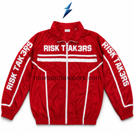 nsw windbreaker set jacket by new sports wear in red and white with a full zipper chest bands sleeve graphics and contrast piping