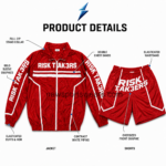 nsw windbreaker set product details by new sports wear showing the red jacket shorts zipper piping stitching and elastic trims