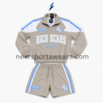 nsw windbreaker tracksuit by new sports wear in taupe white and blue with a half-zip jacket and matching shorts