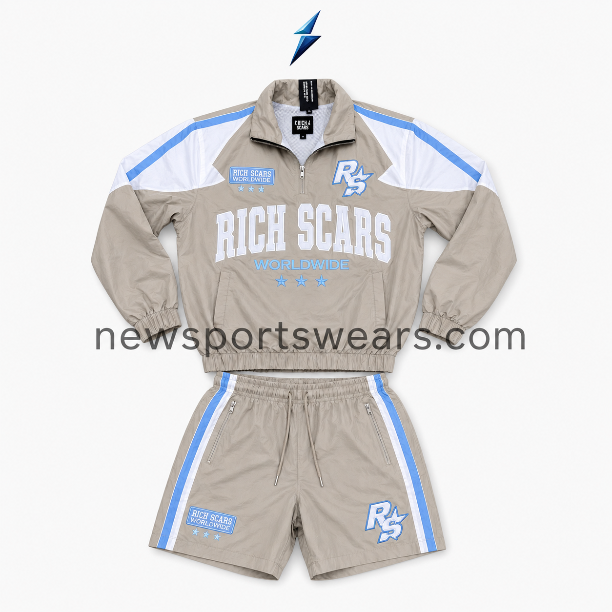 nsw-new-sports-wear-windbreaker-tracksuit-front-view nsw windbreaker tracksuit by new sports wear in taupe white and blue with a half-zip jacket and matching shorts