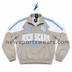 sw windbreaker tracksuit jacket by new sports wear in taupe white and blue with front graphic logo placement