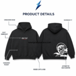 NSW oversized black hoodie close-up showing white QUE FLO embroidery with red POR LA FAMILIA lettering
