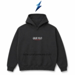 NSW oversized black hoodie front view with crossover hood, white and red chest embroidery, kangaroo pocket, and ribbed stitching
