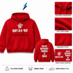 NSW red pullover hoodie showing tonal drawstrings, eyelets, and hood stitching by NEW SPORTS WEAR