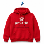 NSW red pullover hoodie with white distressed chest applique and kangaroo pocket by NEW SPORTS WEAR
