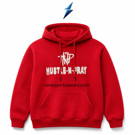 NSW red pullover hoodie with white distressed chest applique and kangaroo pocket by NEW SPORTS WEAR