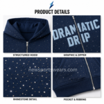 NSW Rhinestone Hoodie in navy with silver sparkle, full zipper and chest appliqué