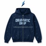 NSW Rhinestone Hoodie with pale blue DRAMATIC DRIP lettering and centered zipper