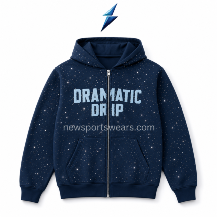 NSW Rhinestone Hoodie with pale blue DRAMATIC DRIP lettering and centered zipper