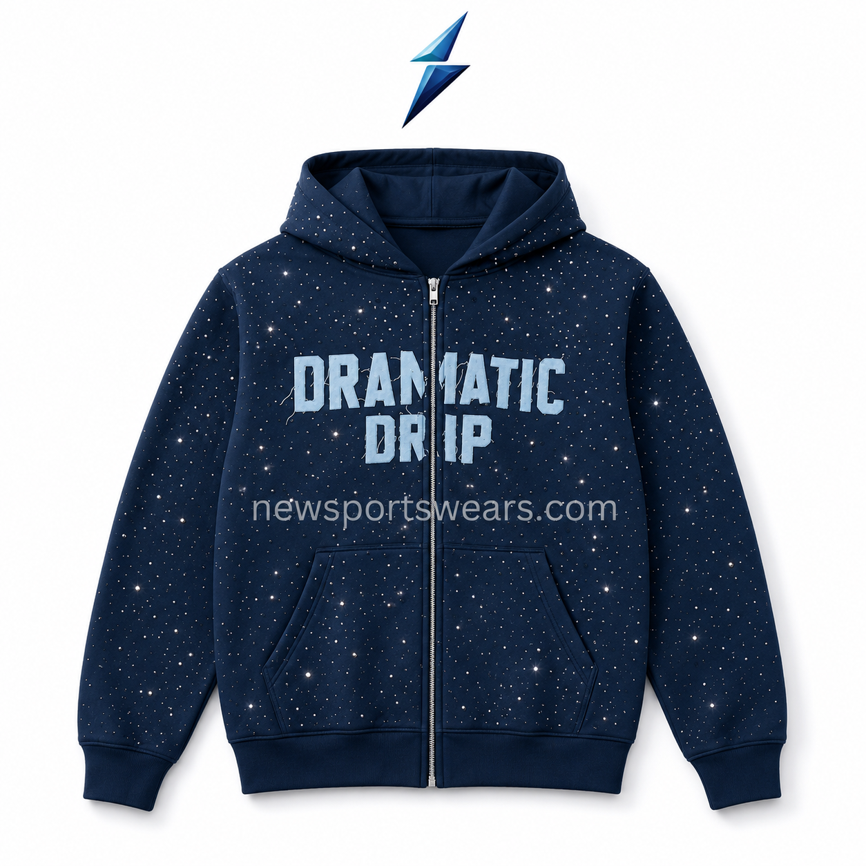 nsw-rhinestone-hoodie-graphic-detail NSW Rhinestone Hoodie with pale blue DRAMATIC DRIP lettering and centered zipper