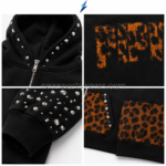 NSW black zip-up hoodie sleeve with mixed silver rhinestones, metal studs and ribbed cuff