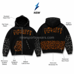 NSW black hoodie showing silver zipper, studded hood trim and reinforced neckline stitching