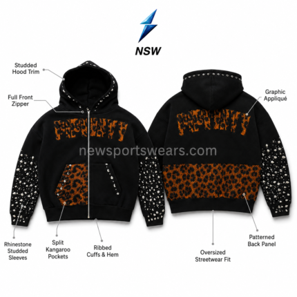 NSW black hoodie showing silver zipper, studded hood trim and reinforced neckline stitching