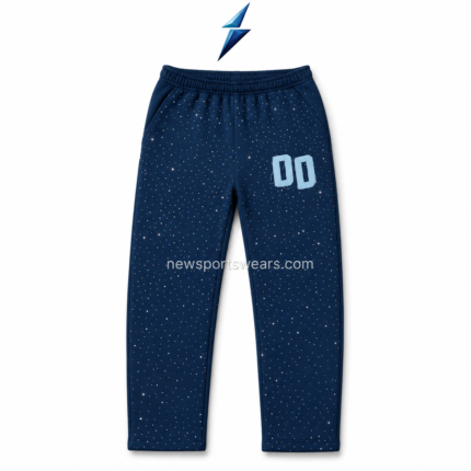 NSW Rhinestone Sweatpants in navy with silver sparkle and 00 thigh graphic