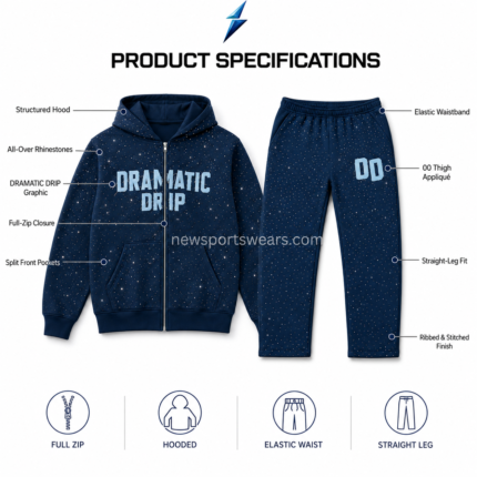 NSW Rhinestone Tracksuit Set in navy with silver all-over stones, full-zip hoodie and matching straight-leg pants