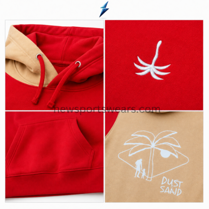 NSW streetwear hoodie with red body, tan contrast sleeve and two-tone hood
