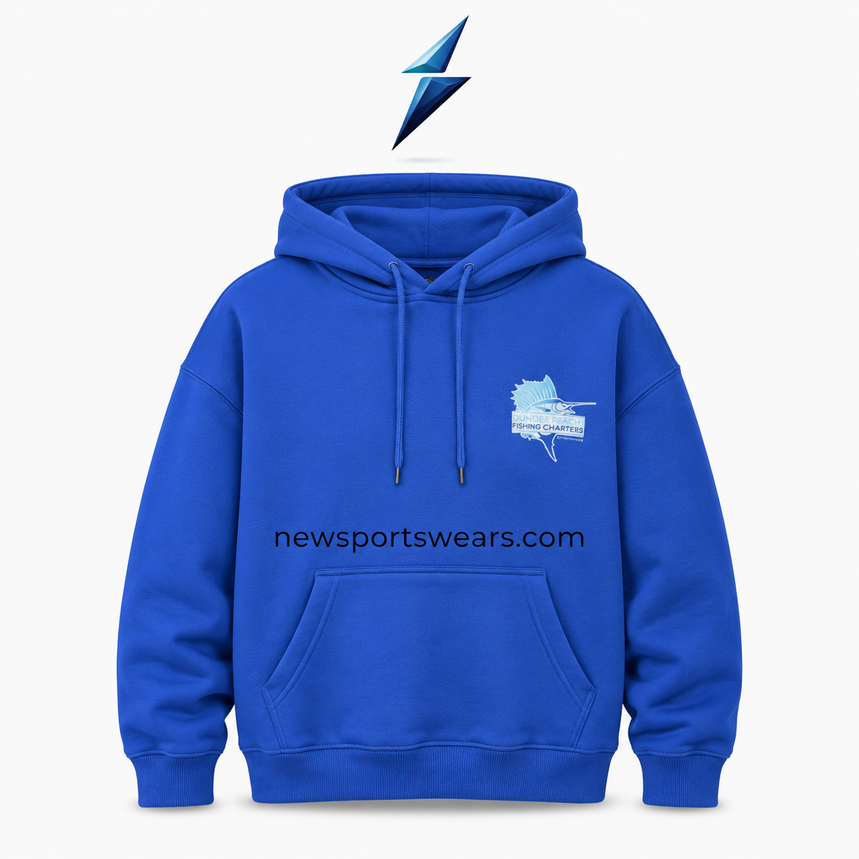 nsw-streetwear-hoodie-royal-blue-front NSW streetwear hoodie in royal blue with sailfish chest logo and kangaroo pocket by NEW SPORTS WEAR