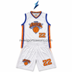 NSW wholesale basketball uniforms in white with orange and blue side panels, layered V-neck, chest graphic, and number 22