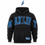 NSW Wholesale Hoodies Maker product-detail image showing chenille lettering, hood, pocket and ribbed trims.