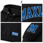 NSW Wholesale Hoodies Maker black pullover hoodie with blue chenille MAXLIFT chest and sleeve lettering.