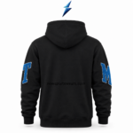 NSW Wholesale Hoodies Maker close-up of blue chenille varsity letters with white stitched outlines.