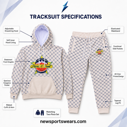 NSW Wholesale Tracksuits cream and navy printed front view with statement chest logo