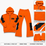 NSW women’s hoodie and pants set in bright orange with black sleeve and leg patchwork