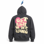 NSW NEW SPORTS WEAR zip up hoodie y2k back view with charcoal fabric, pink heart and large cream retro graphic print