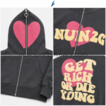 NSW NEW SPORTS WEAR zip up hoodie y2k four-grid close-up showing charcoal texture, pink heart panels, stitching and graphic placement