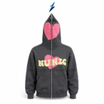 NSW NEW SPORTS WEAR zip up hoodie y2k front view in charcoal black with pink heart graphics, cream chest lettering and center zipper