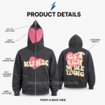 NSW NEW SPORTS WEAR zip up hoodie y2k specification image showing face hood, heart zipper pull, pockets, ribbed cuffs and back print